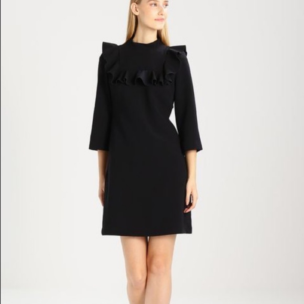 Banana Republic Black Ruffle Yoke Bi-Stretch Mini Dress 3/4 Sleeve - Size 0 - Picture 4 of 9